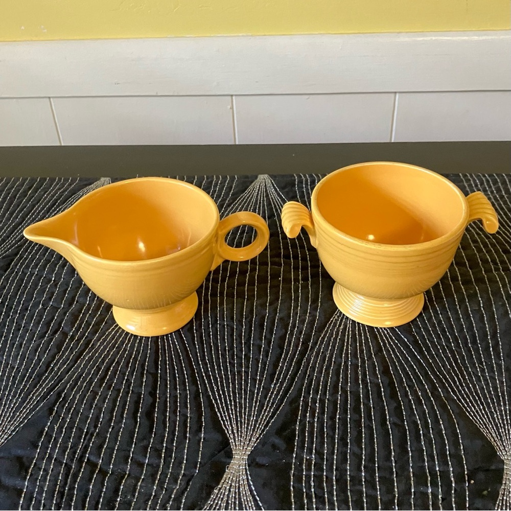 Vintage Original Yellow Glaze Fiesta Sugsr /Creamer  Mark HLC Fiesta Made in USA